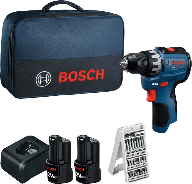 Bosch GSR12V-31 boremaskinesæt med oplader, batterier og bor.
